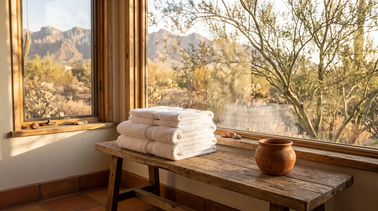 Still life of a stack of clean folded white towels on a wooden bench beside a window with warm desert light and the soft shadow of a...