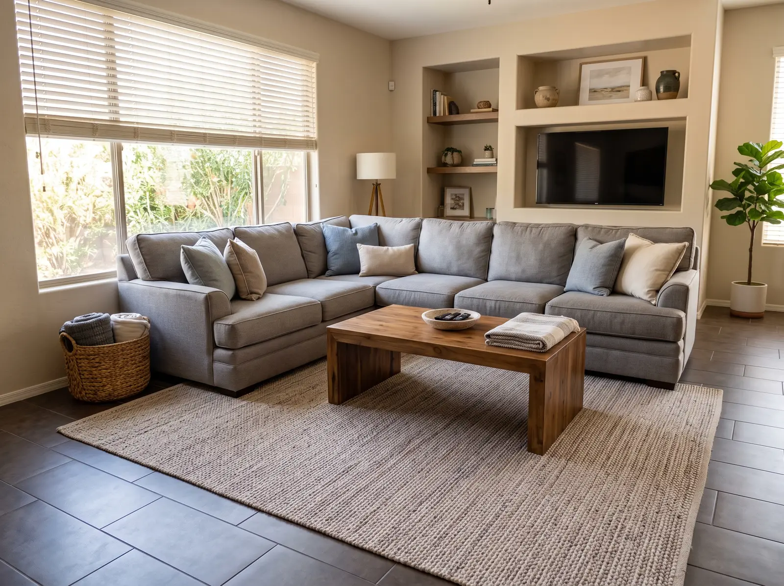 Tidy, freshly vacuumed family room in a Gilbert, Arizona home
